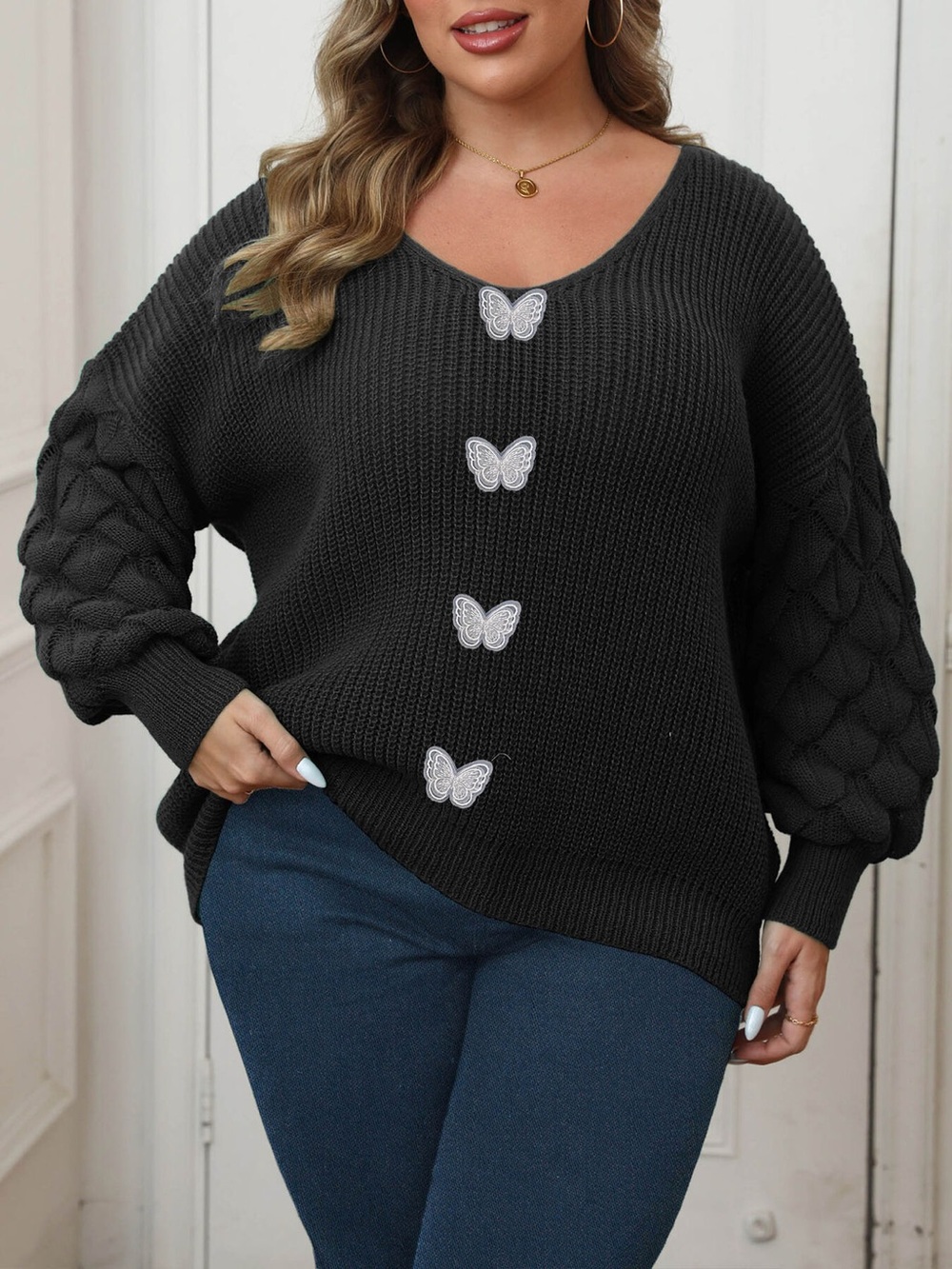 Plus Size Butterfly Dropped Shoulder Sweater